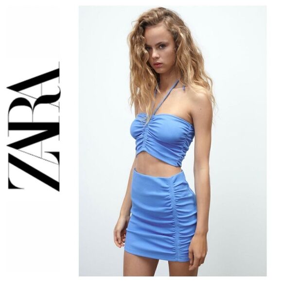 NWT Zara Blue Ribbed High Waisted Mini Skirt with Gathered Detail, Size Large